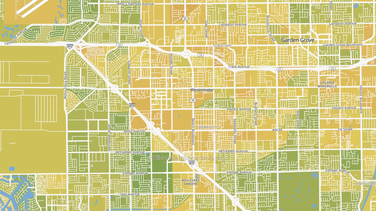 Map of the best neighborhoods in the 92683 area, with better matches in green and worse matches in red