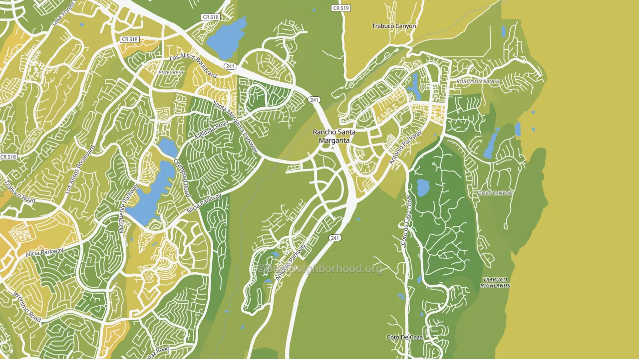 Map of the best neighborhoods in the 92688 area, with better matches in green and worse matches in red