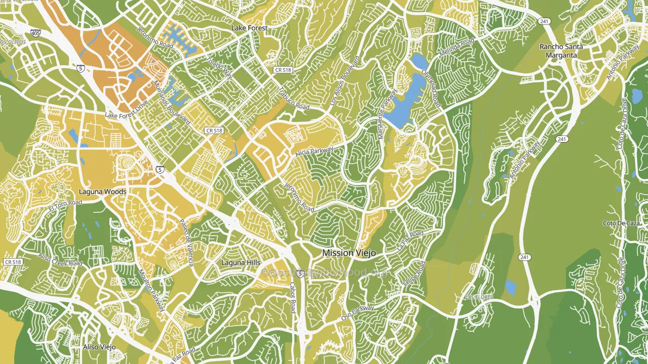 Map of the best neighborhoods in the 92691 area, with better matches in green and worse matches in red