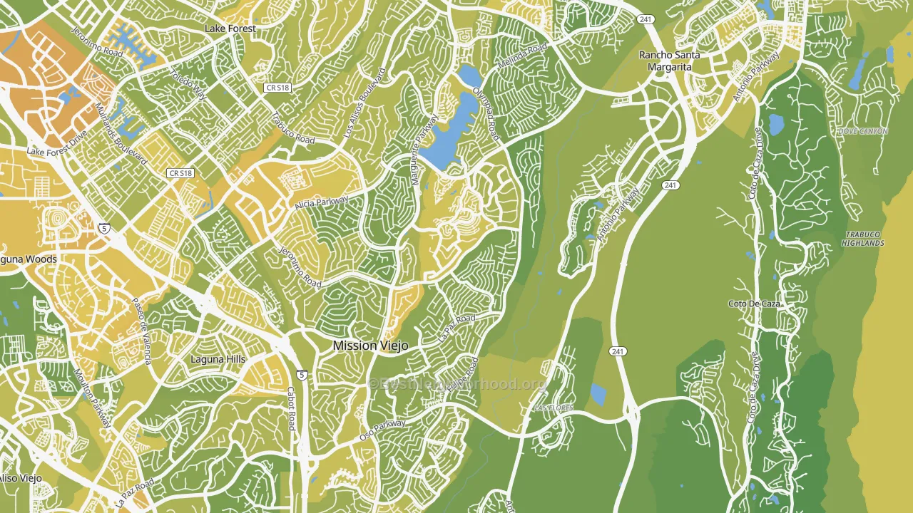 Map of the best neighborhoods in the 92692 area, with better matches in green and worse matches in red