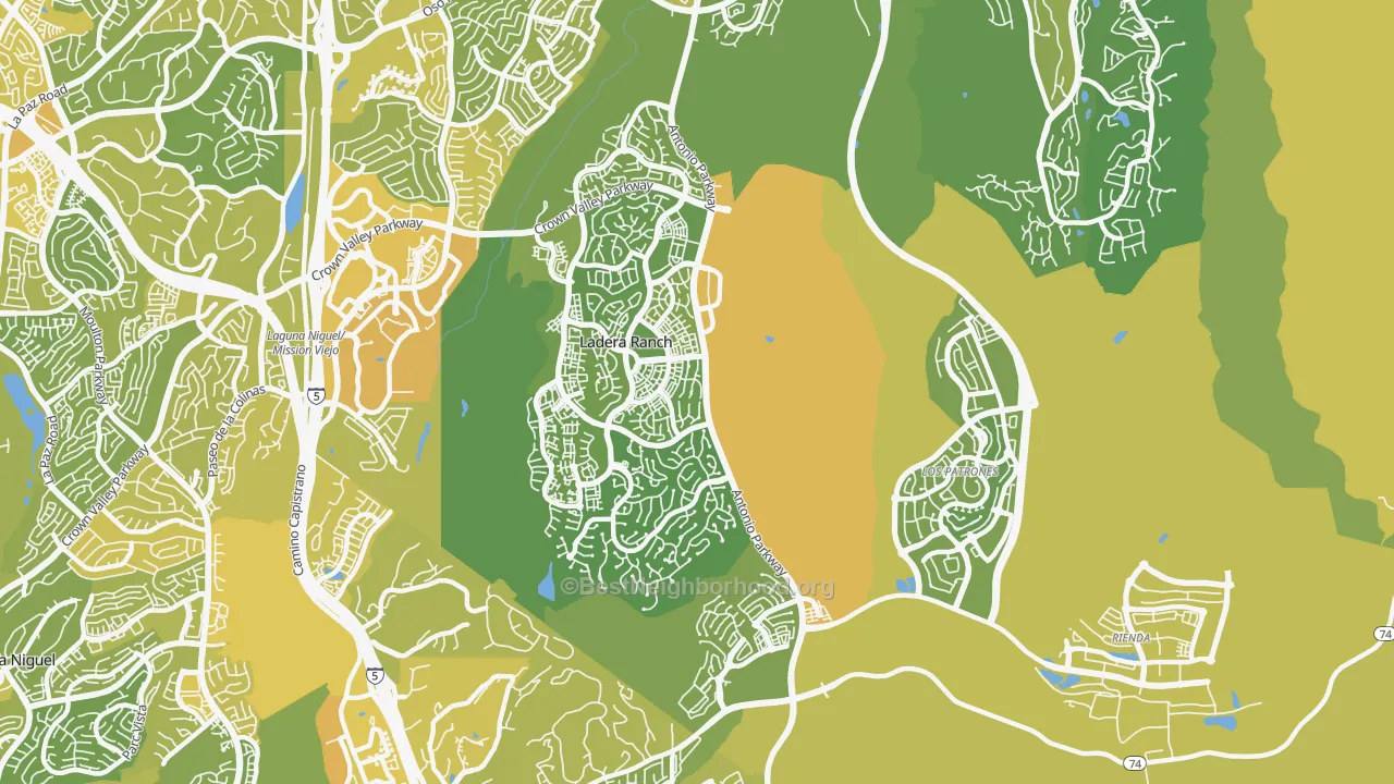 Map of the best neighborhoods in the 92694 area, with better matches in green and worse matches in red