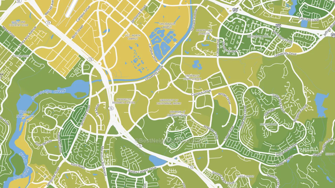 Map of the best neighborhoods in the 92697 area, with better matches in green and worse matches in red