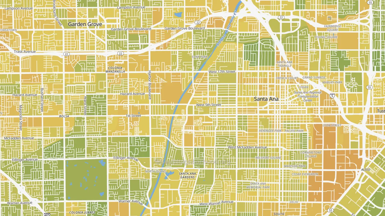 Map of the best neighborhoods in the 92703 area, with better matches in green and worse matches in red