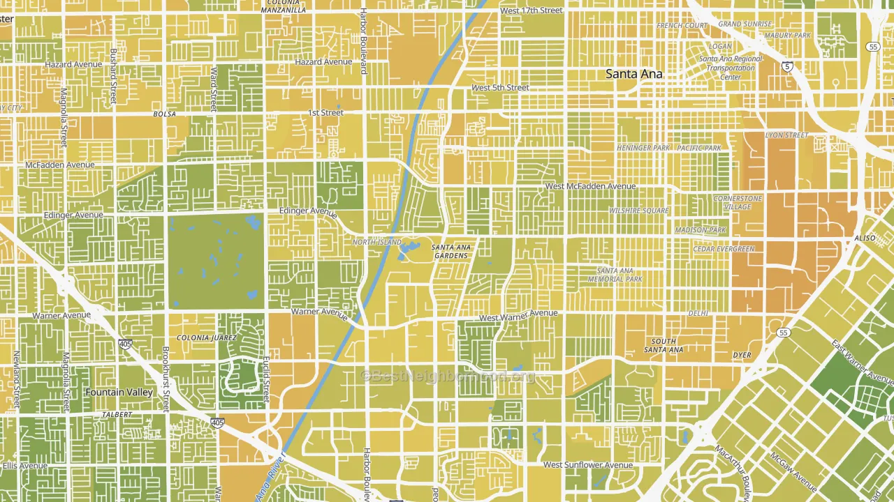 Map of the best neighborhoods in the 92704 area, with better matches in green and worse matches in red