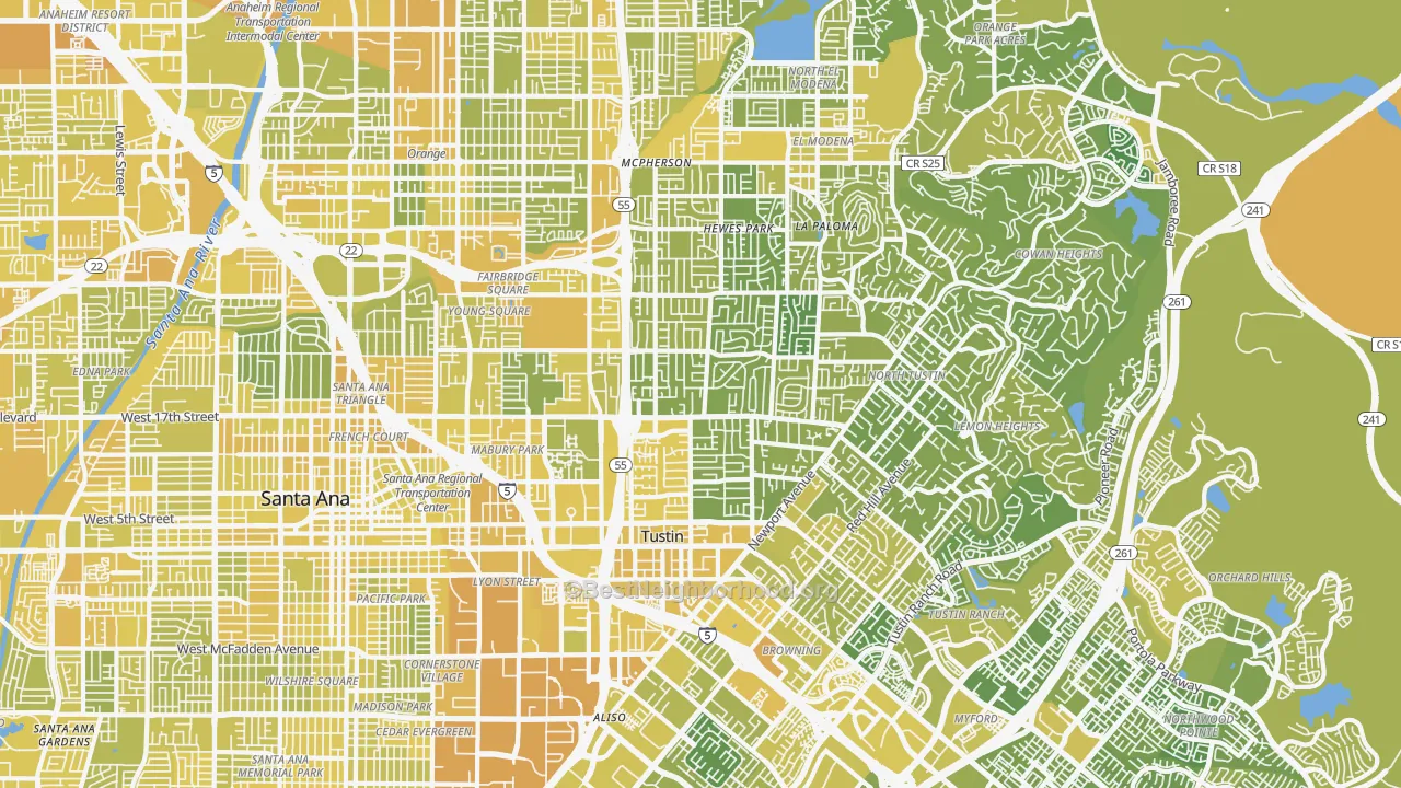 Map of the best neighborhoods in the 92705 area, with better matches in green and worse matches in red