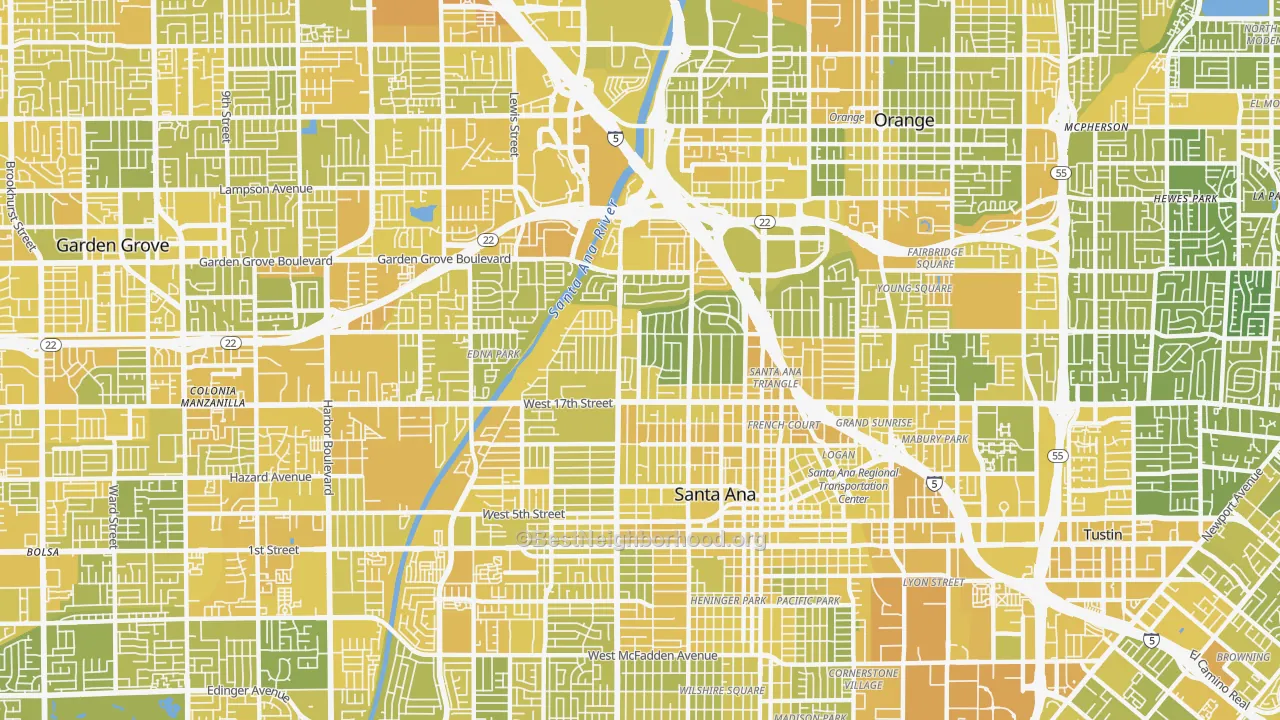 Map of the best neighborhoods in the 92706 area, with better matches in green and worse matches in red