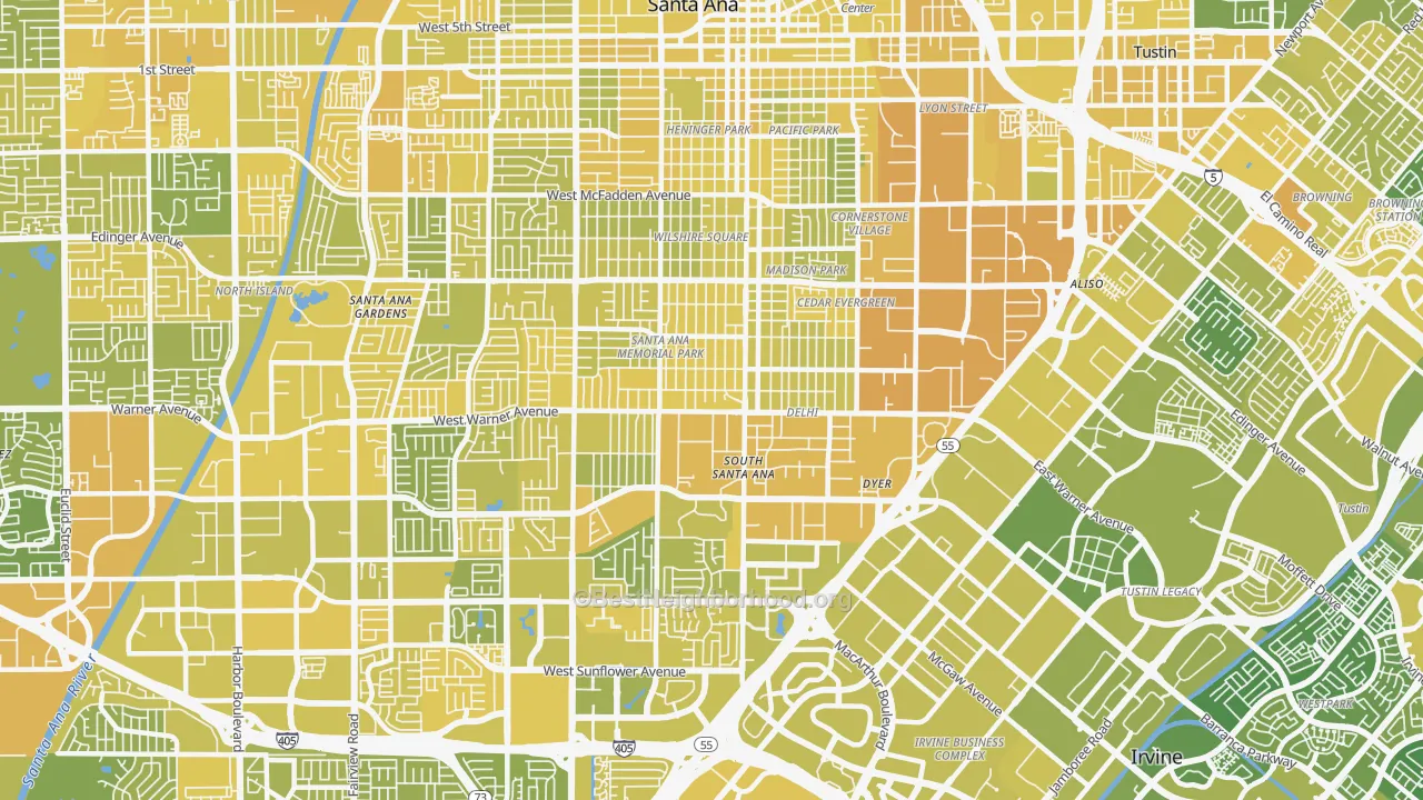 Map of the best neighborhoods in the 92707 area, with better matches in green and worse matches in red