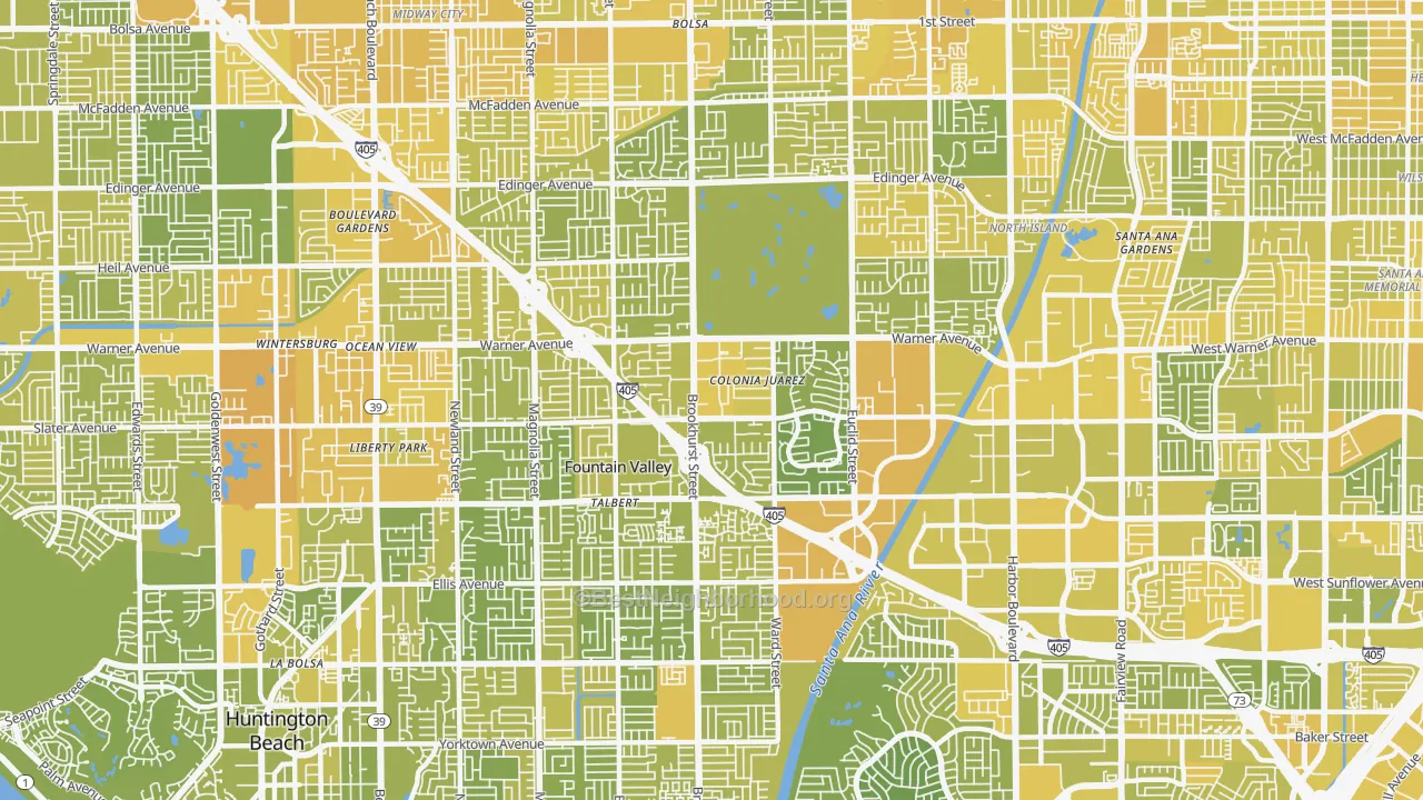 Map of the best neighborhoods in the 92708 area, with better matches in green and worse matches in red