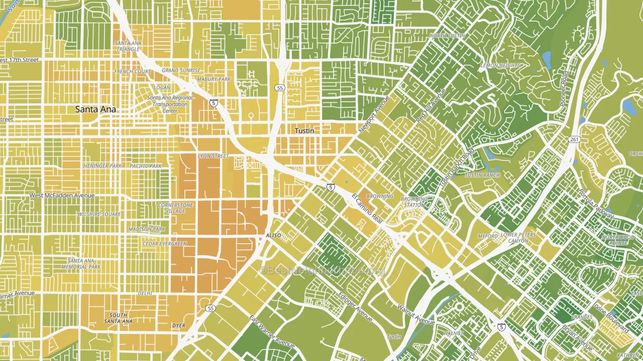 Map of the best neighborhoods in the 92780 area, with better matches in green and worse matches in red