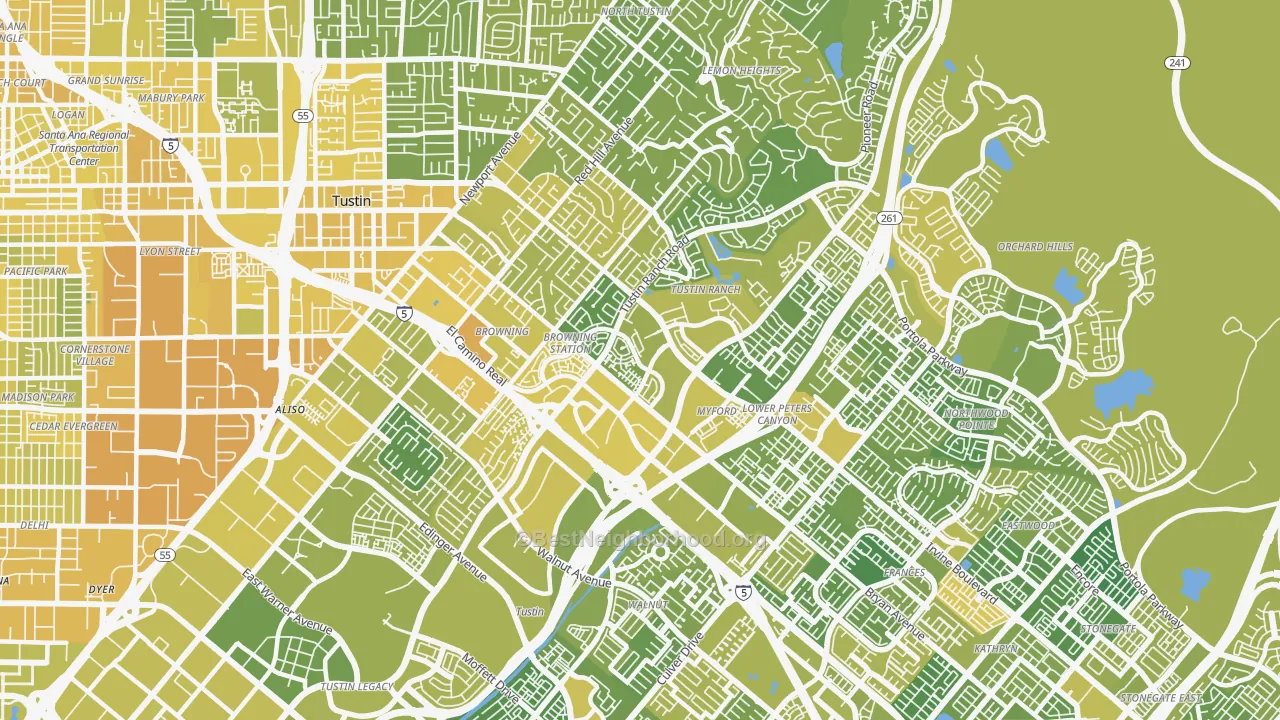 Map of the best neighborhoods in the 92782 area, with better matches in green and worse matches in red