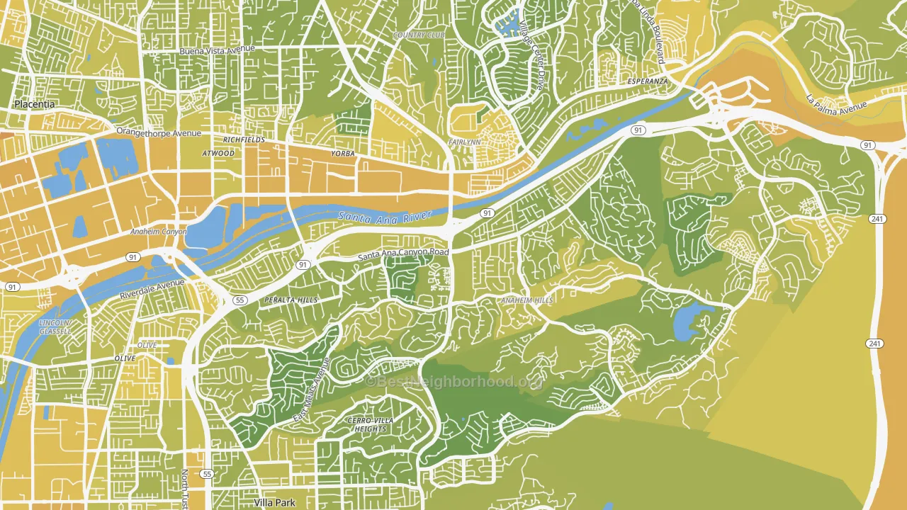 Map of the best neighborhoods in the 92807 area, with better matches in green and worse matches in red