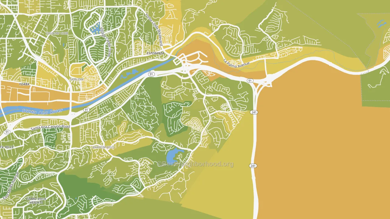Map of the best neighborhoods in the 92808 area, with better matches in green and worse matches in red