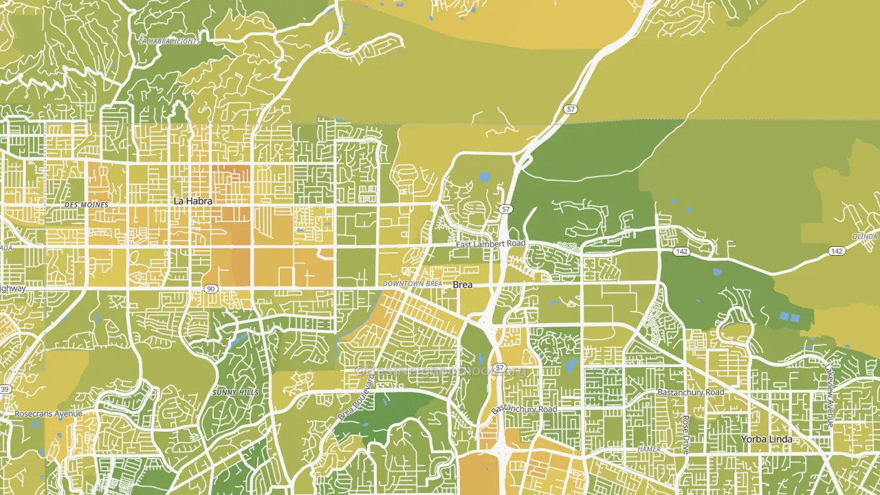 Map of the best neighborhoods in the 92821 area, with better matches in green and worse matches in red