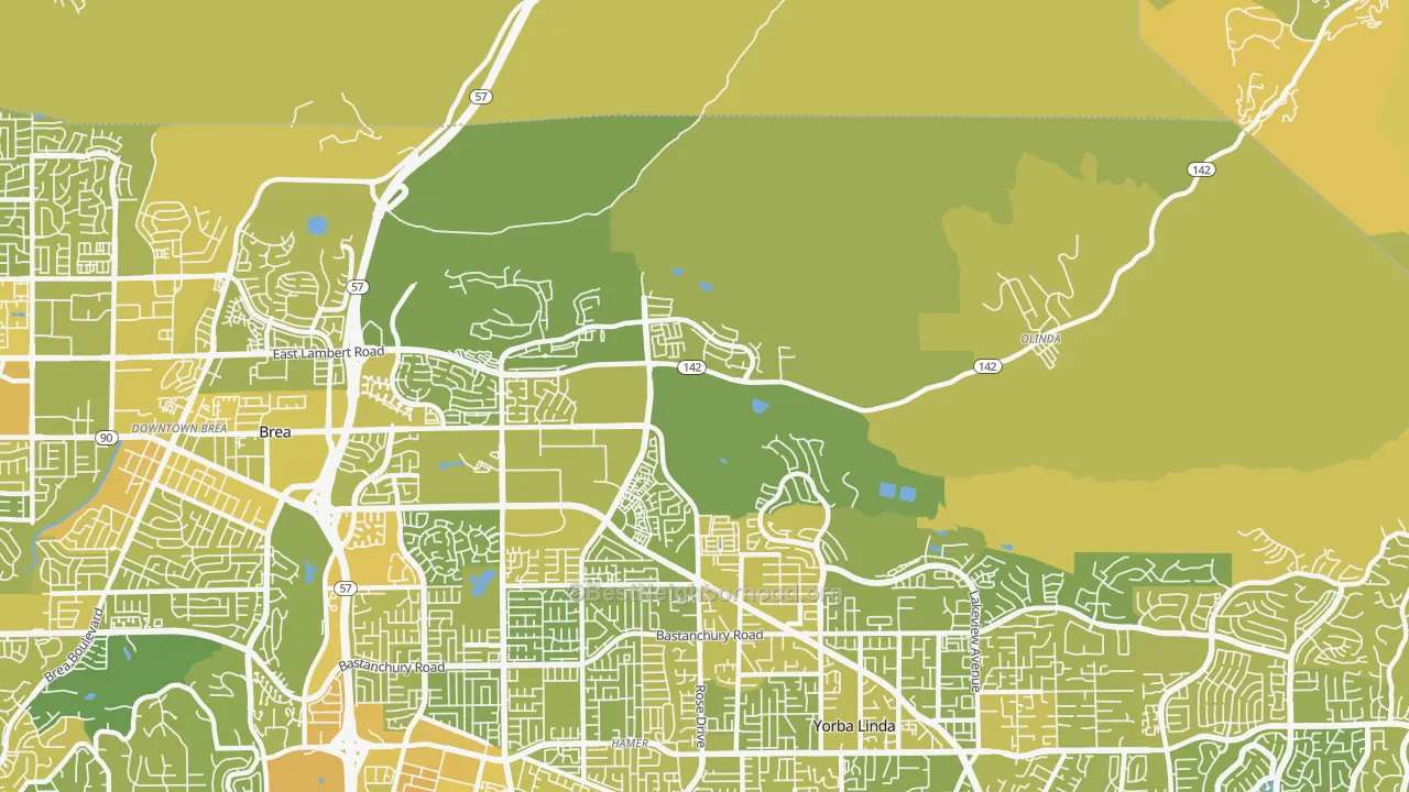 Map of the best neighborhoods in the 92823 area, with better matches in green and worse matches in red