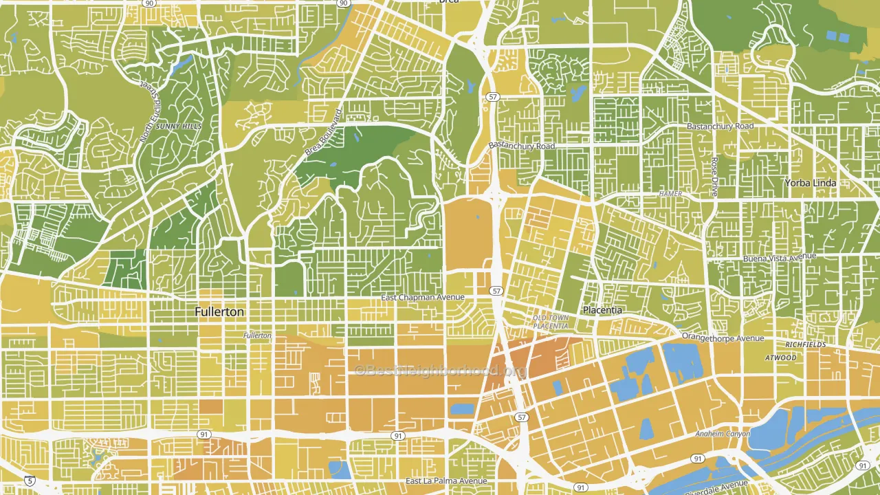 Map of the best neighborhoods in the 92831 area, with better matches in green and worse matches in red