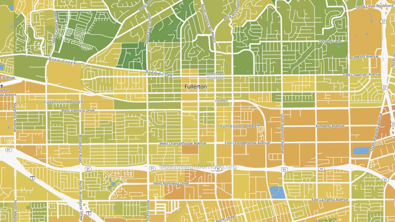 Map of the best neighborhoods in the 92832 area, with better matches in green and worse matches in red