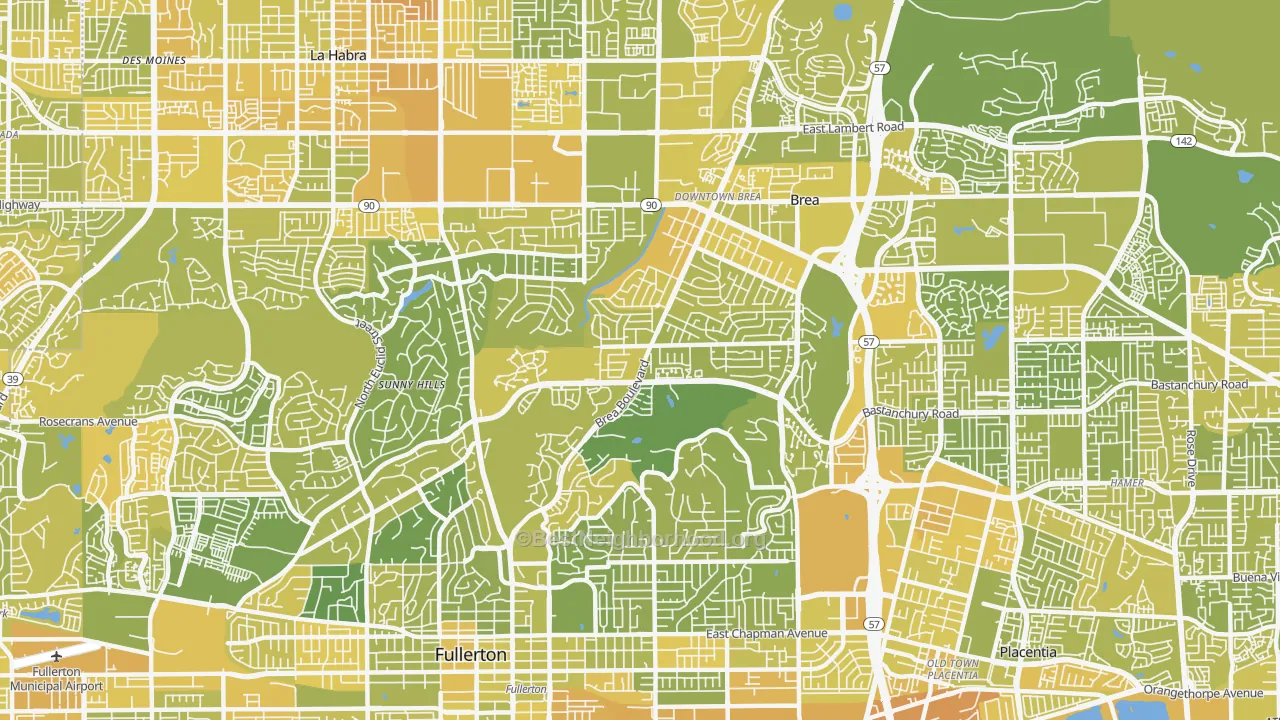 Map of the best neighborhoods in the 92835 area, with better matches in green and worse matches in red