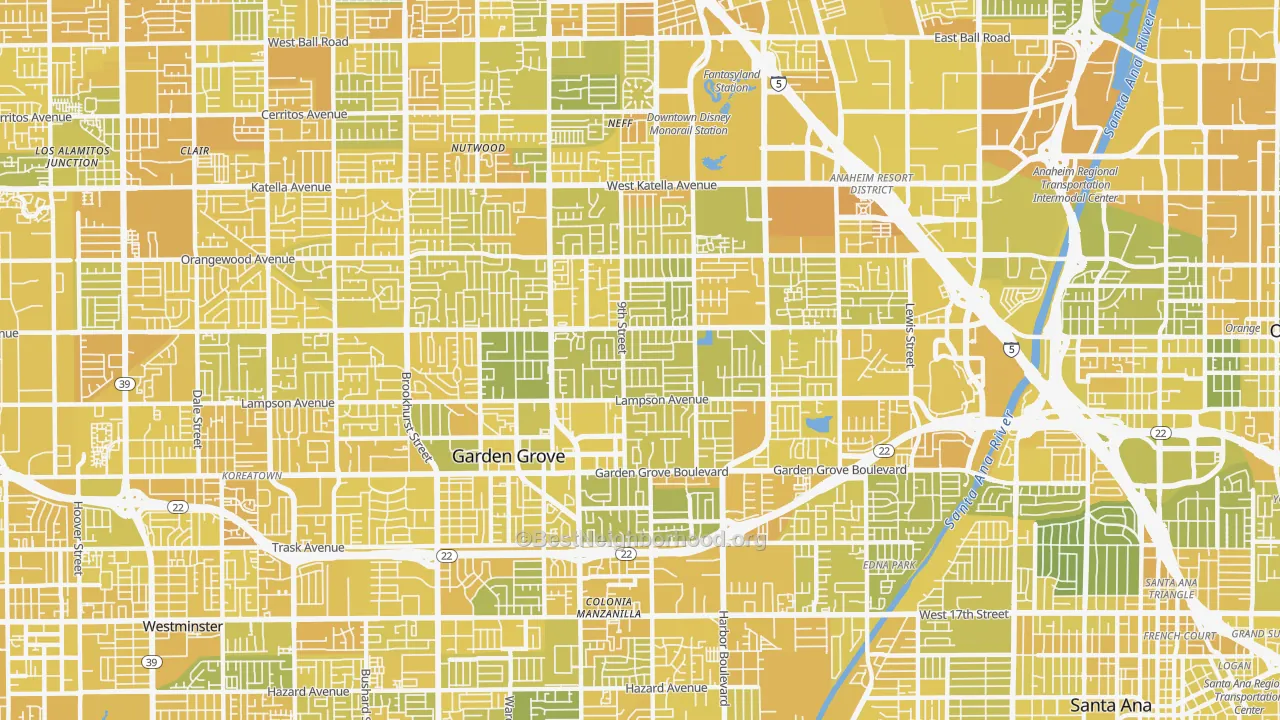 Map of the best neighborhoods in the 92840 area, with better matches in green and worse matches in red