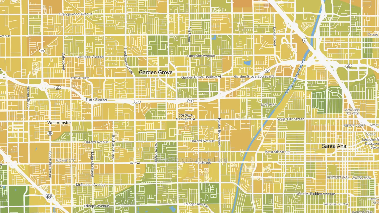 Map of the best neighborhoods in the 92843 area, with better matches in green and worse matches in red