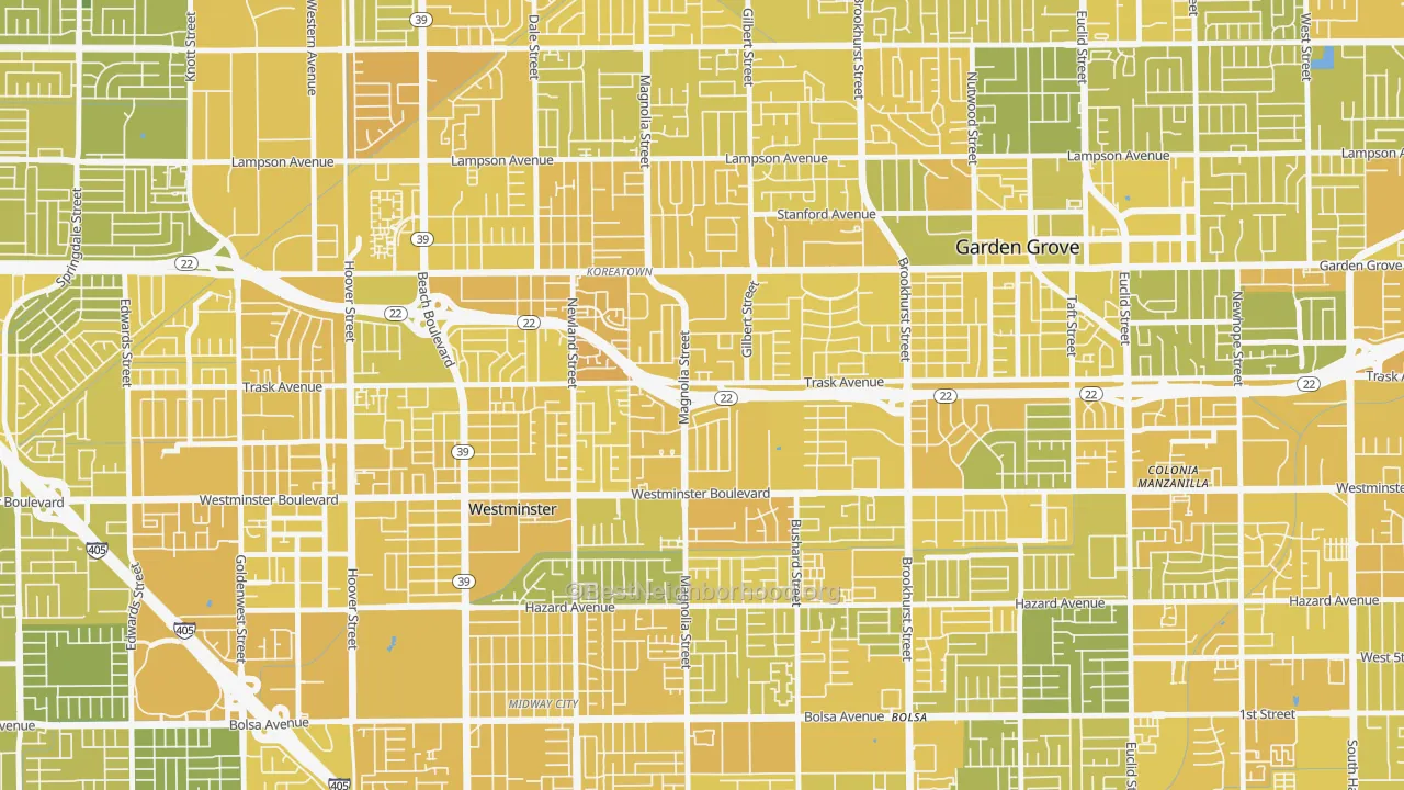 Map of the best neighborhoods in the 92844 area, with better matches in green and worse matches in red