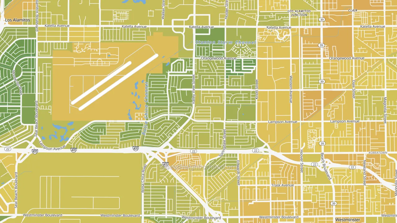 Map of the best neighborhoods in the 92845 area, with better matches in green and worse matches in red