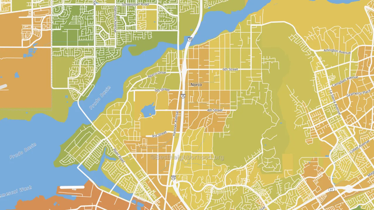 Map of the best neighborhoods in the 92860 area, with better matches in green and worse matches in red