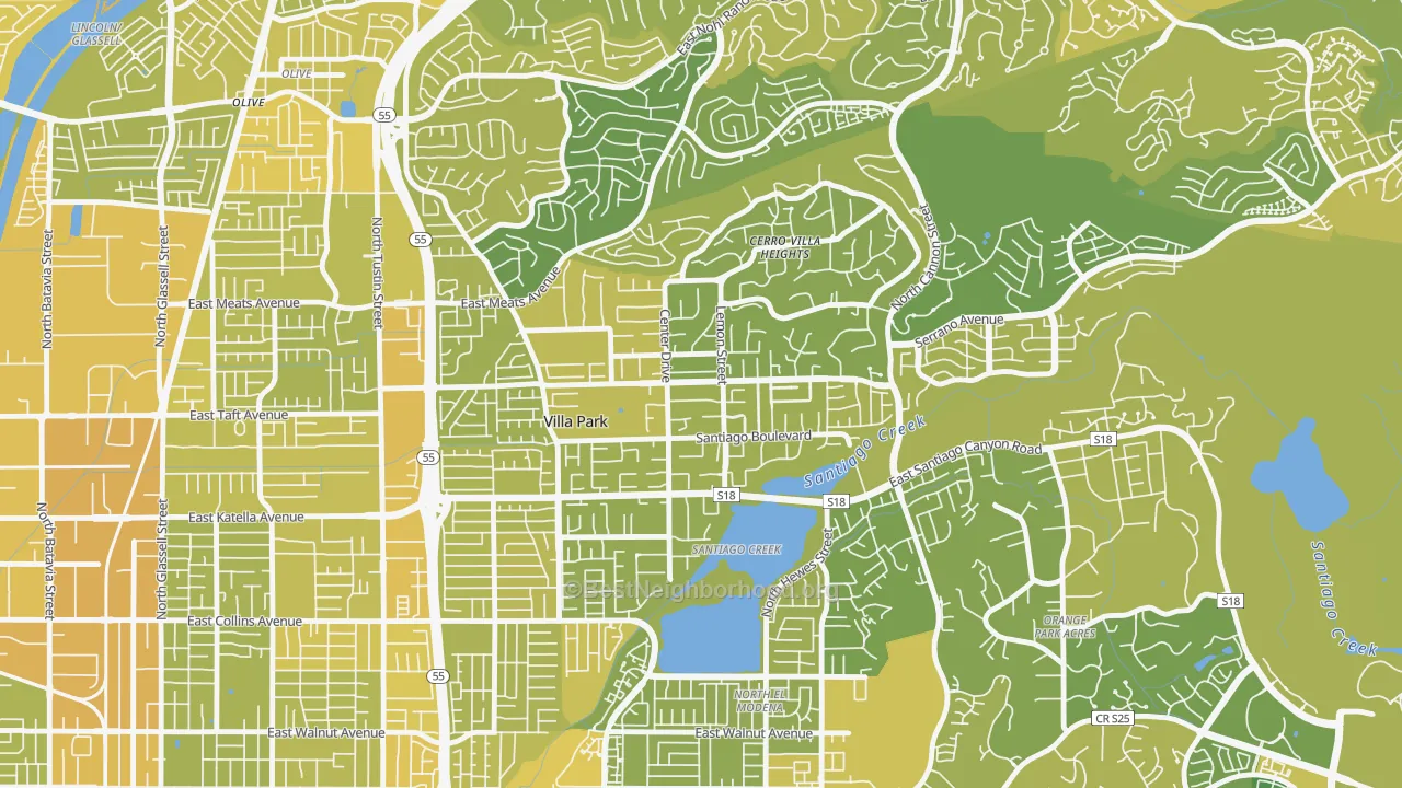 Map of the best neighborhoods in the 92861 area, with better matches in green and worse matches in red