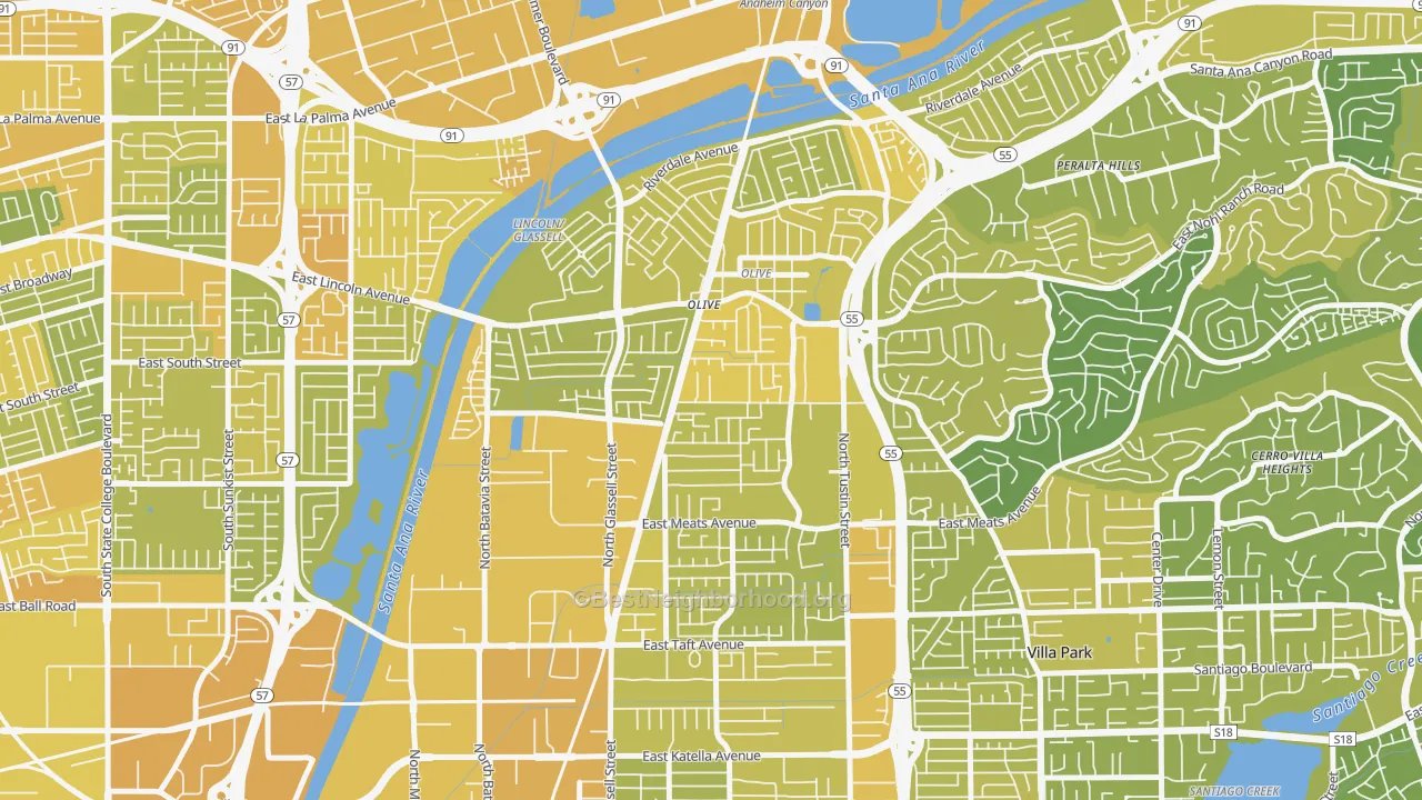 Map of the best neighborhoods in the 92865 area, with better matches in green and worse matches in red