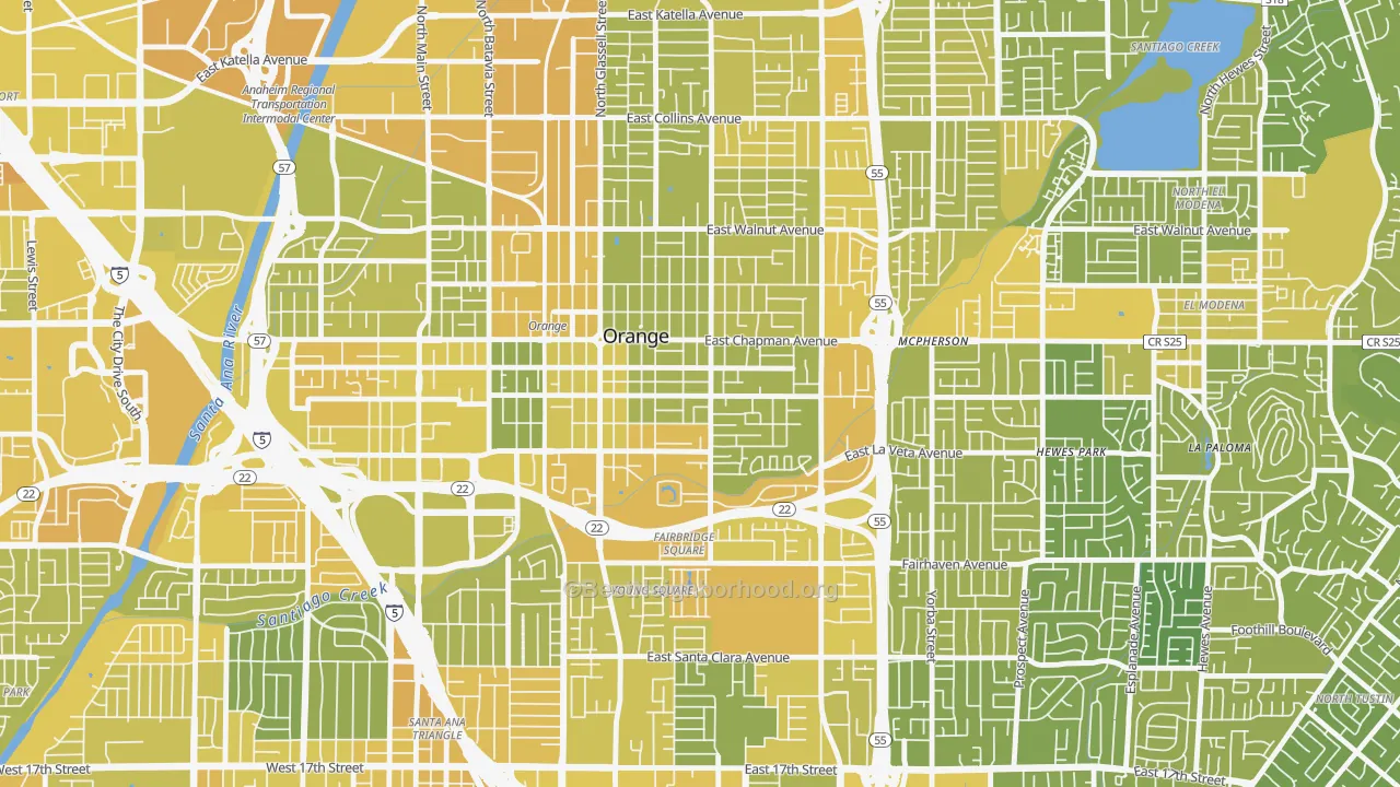 Map of the best neighborhoods in the 92866 area, with better matches in green and worse matches in red