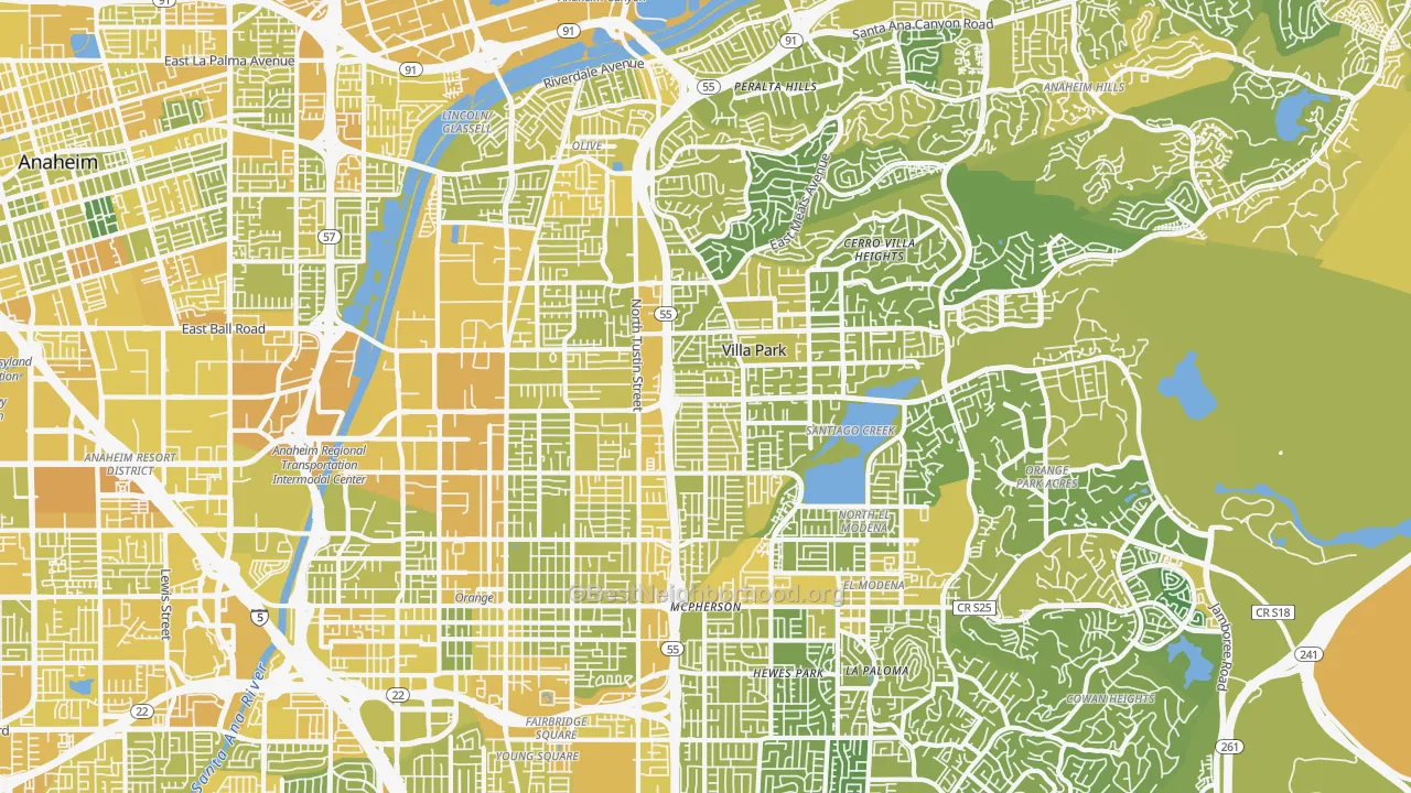 Map of the best neighborhoods in the 92867 area, with better matches in green and worse matches in red