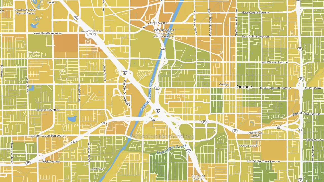 Map of the best neighborhoods in the 92868 area, with better matches in green and worse matches in red