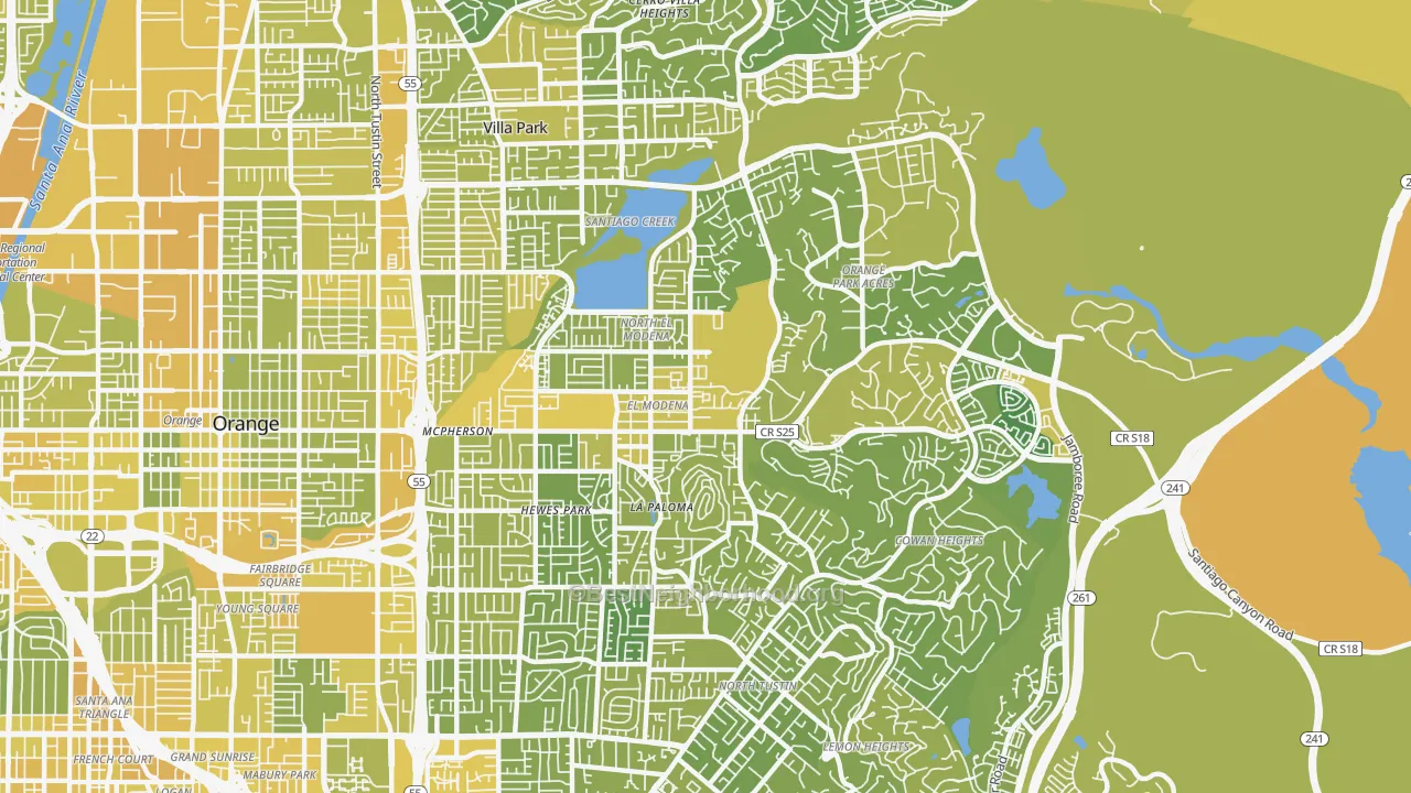 Map of the best neighborhoods in the 92869 area, with better matches in green and worse matches in red