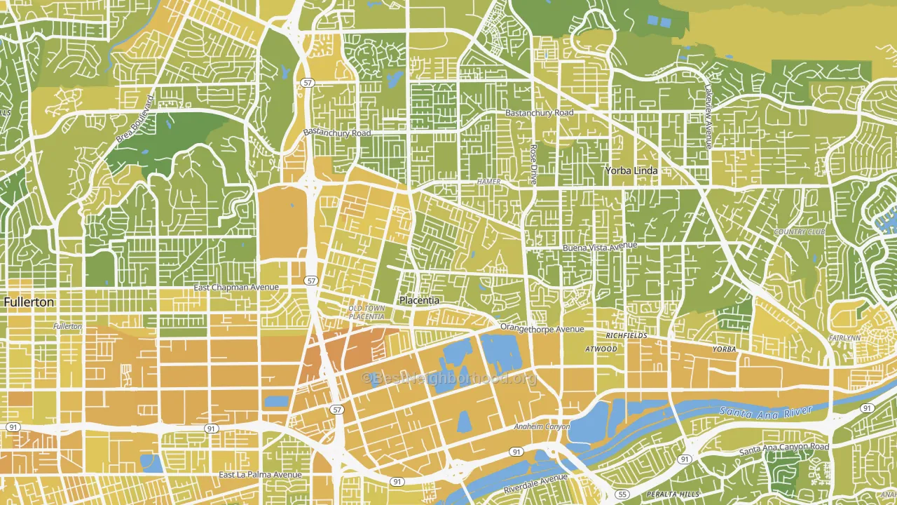 Map of the best neighborhoods in the 92870 area, with better matches in green and worse matches in red