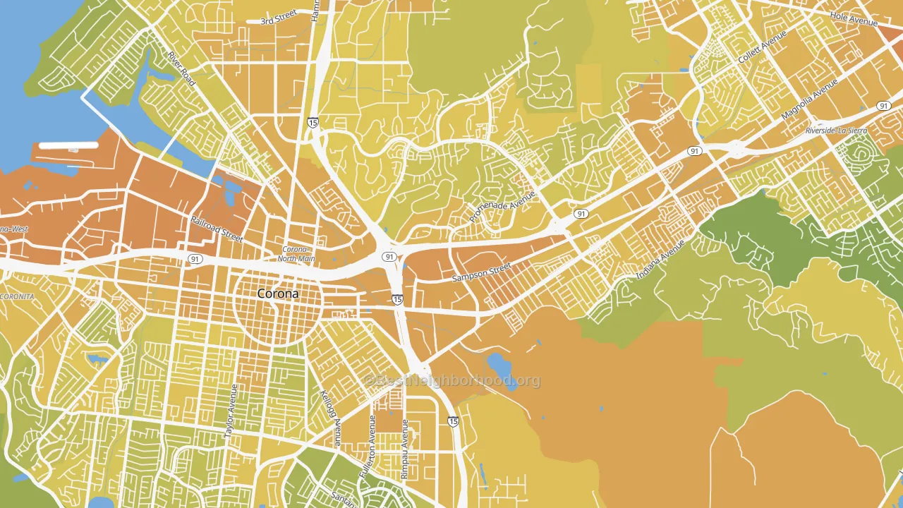 Map of the best neighborhoods in the 92879 area, with better matches in green and worse matches in red