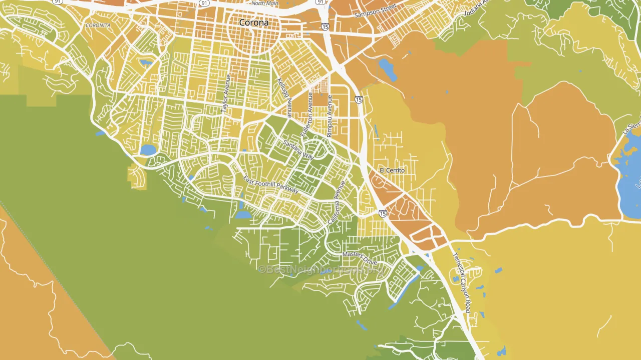 Map of the best neighborhoods in the 92881 area, with better matches in green and worse matches in red