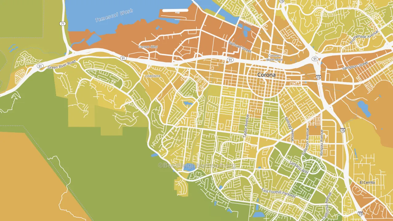 Map of the best neighborhoods in the 92882 area, with better matches in green and worse matches in red