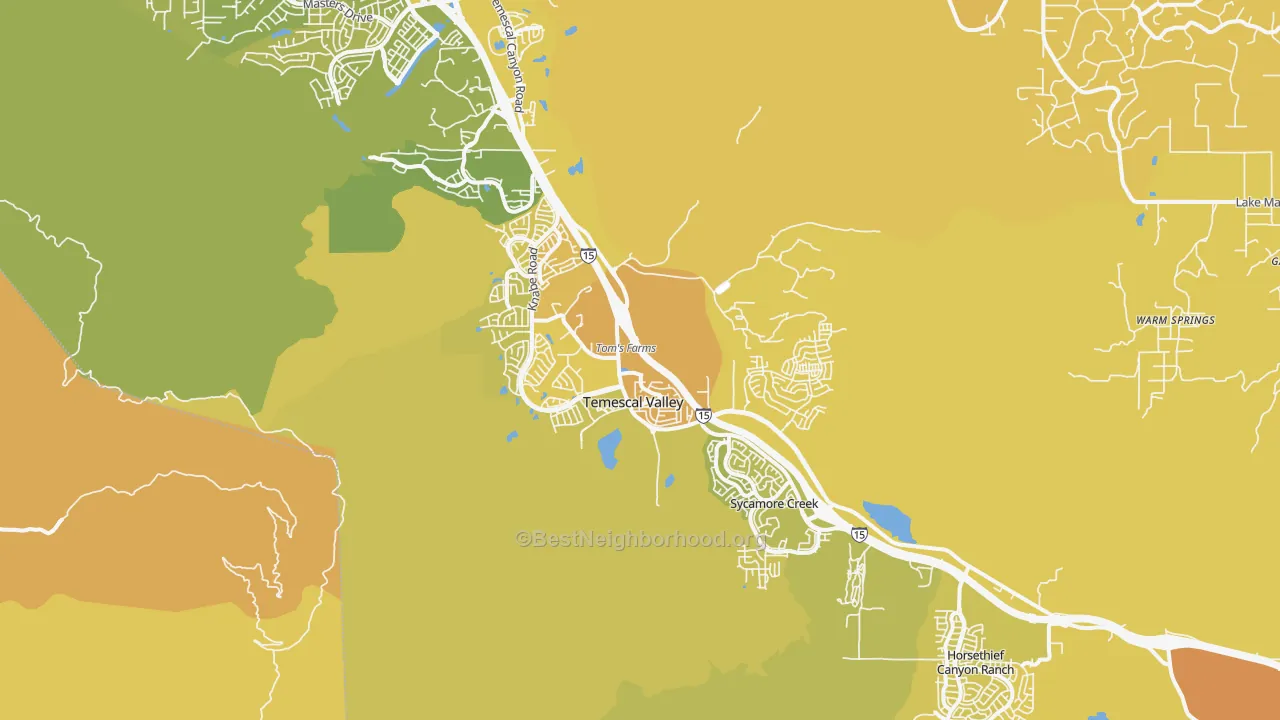 Map of the best neighborhoods in the 92883 area, with better matches in green and worse matches in red