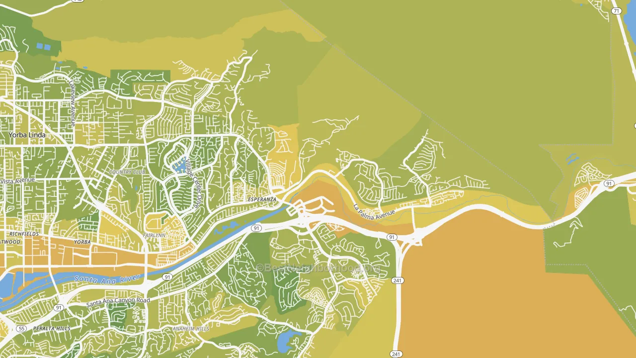 Map of the best neighborhoods in the 92887 area, with better matches in green and worse matches in red