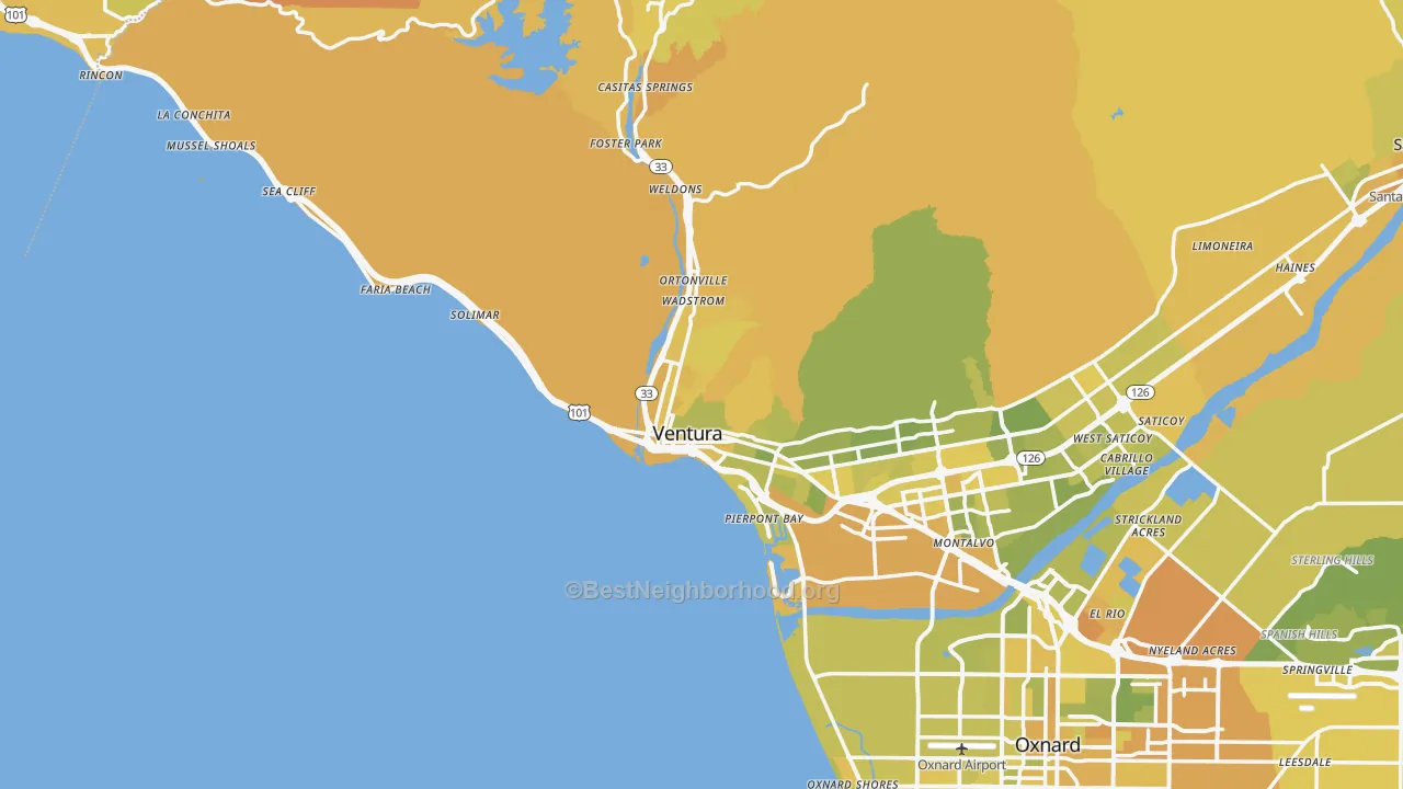 Map of the best neighborhoods in the 93001 area, with better matches in green and worse matches in red