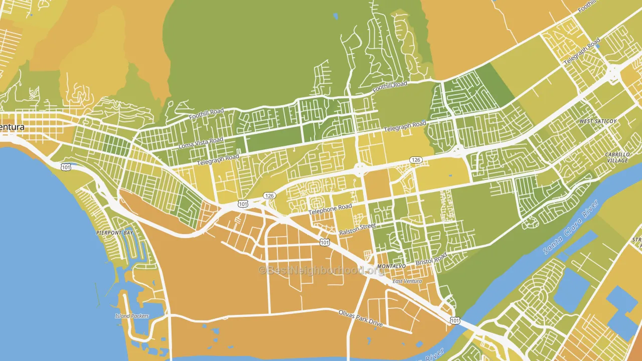 Map of the best neighborhoods in the 93003 area, with better matches in green and worse matches in red