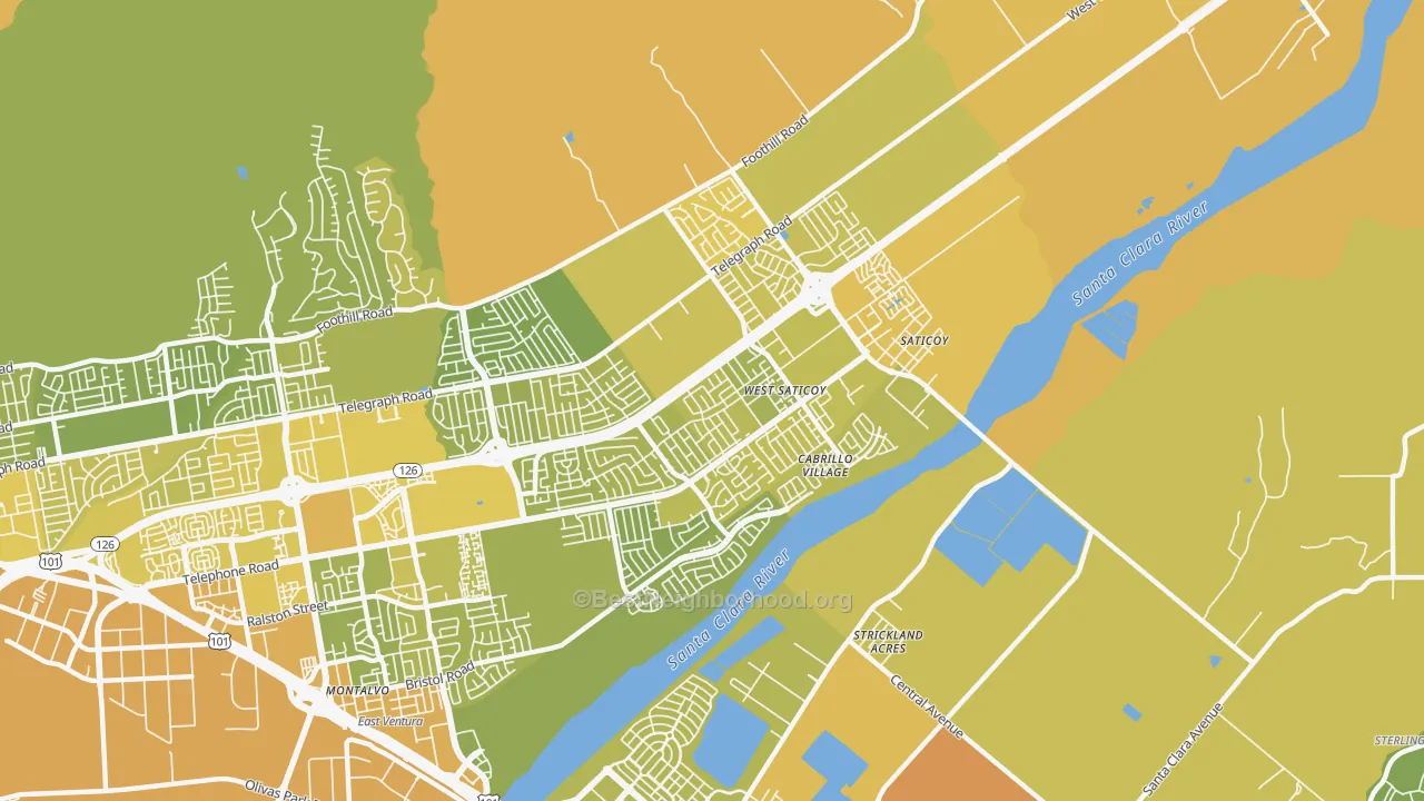 Map of the best neighborhoods in the 93004 area, with better matches in green and worse matches in red