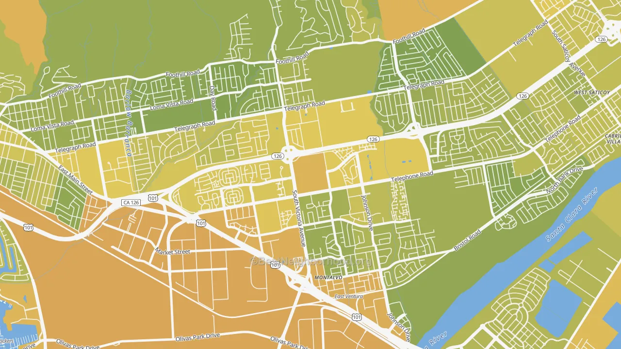 Map of the best neighborhoods in the 93009 area, with better matches in green and worse matches in red