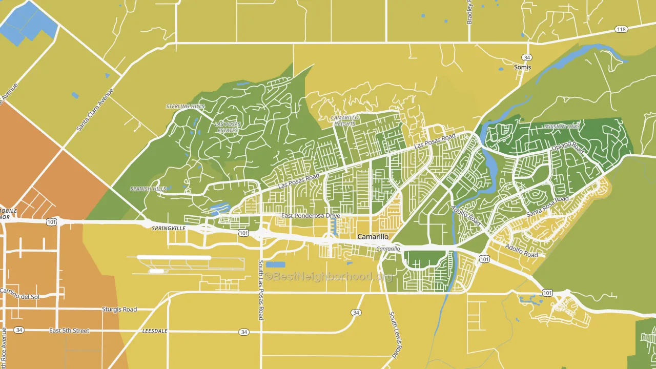 Map of the best neighborhoods in the 93010 area, with better matches in green and worse matches in red