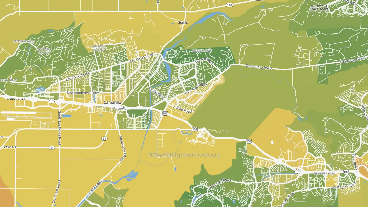 Map of the best neighborhoods in the 93012 area, with better matches in green and worse matches in red
