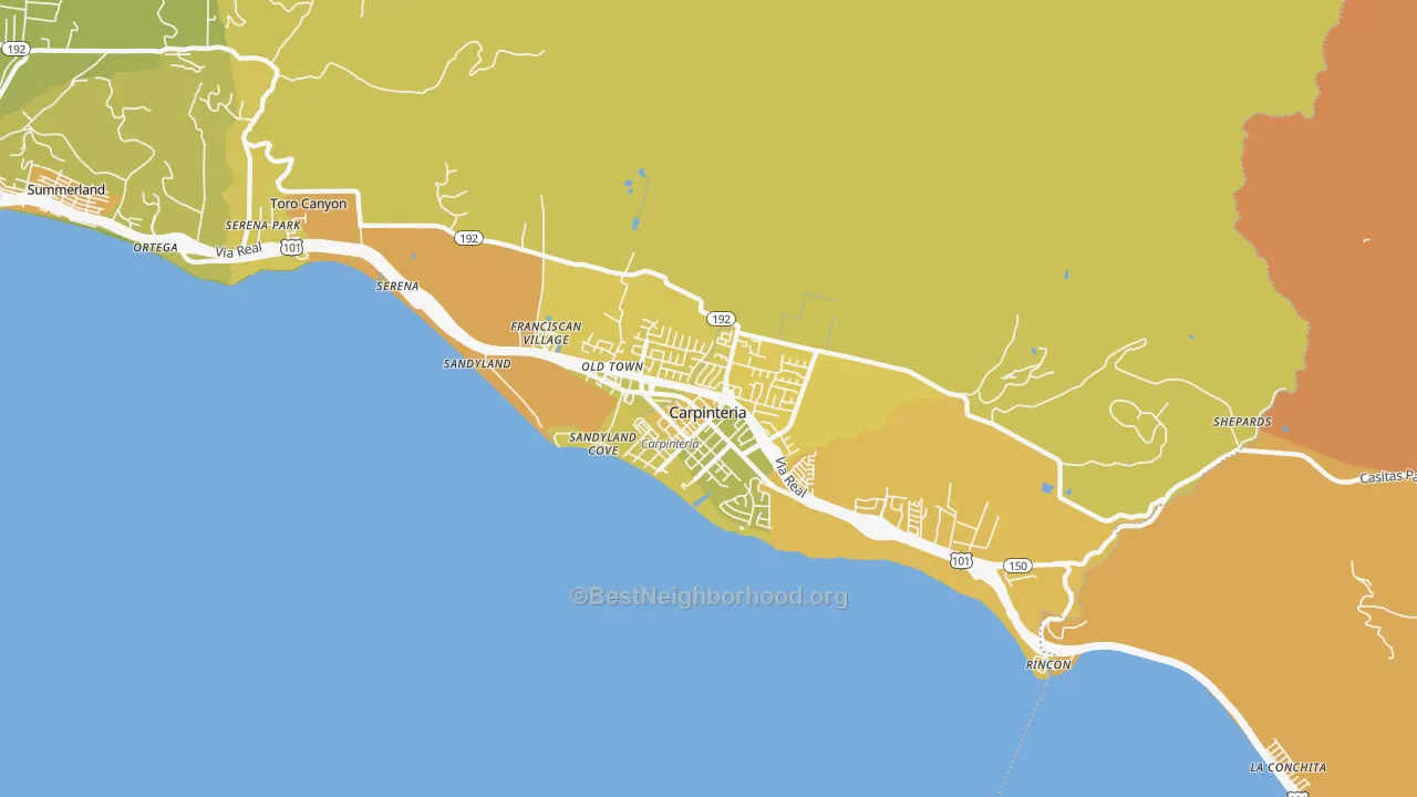 Map of the best neighborhoods in the 93013 area, with better matches in green and worse matches in red