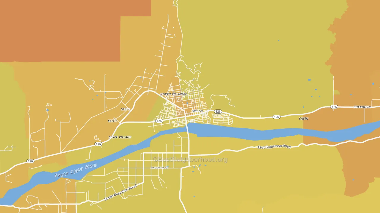 Map of the best neighborhoods in the 93015 area, with better matches in green and worse matches in red