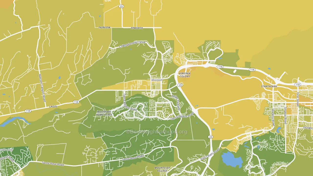 Map of the best neighborhoods in the 93021 area, with better matches in green and worse matches in red