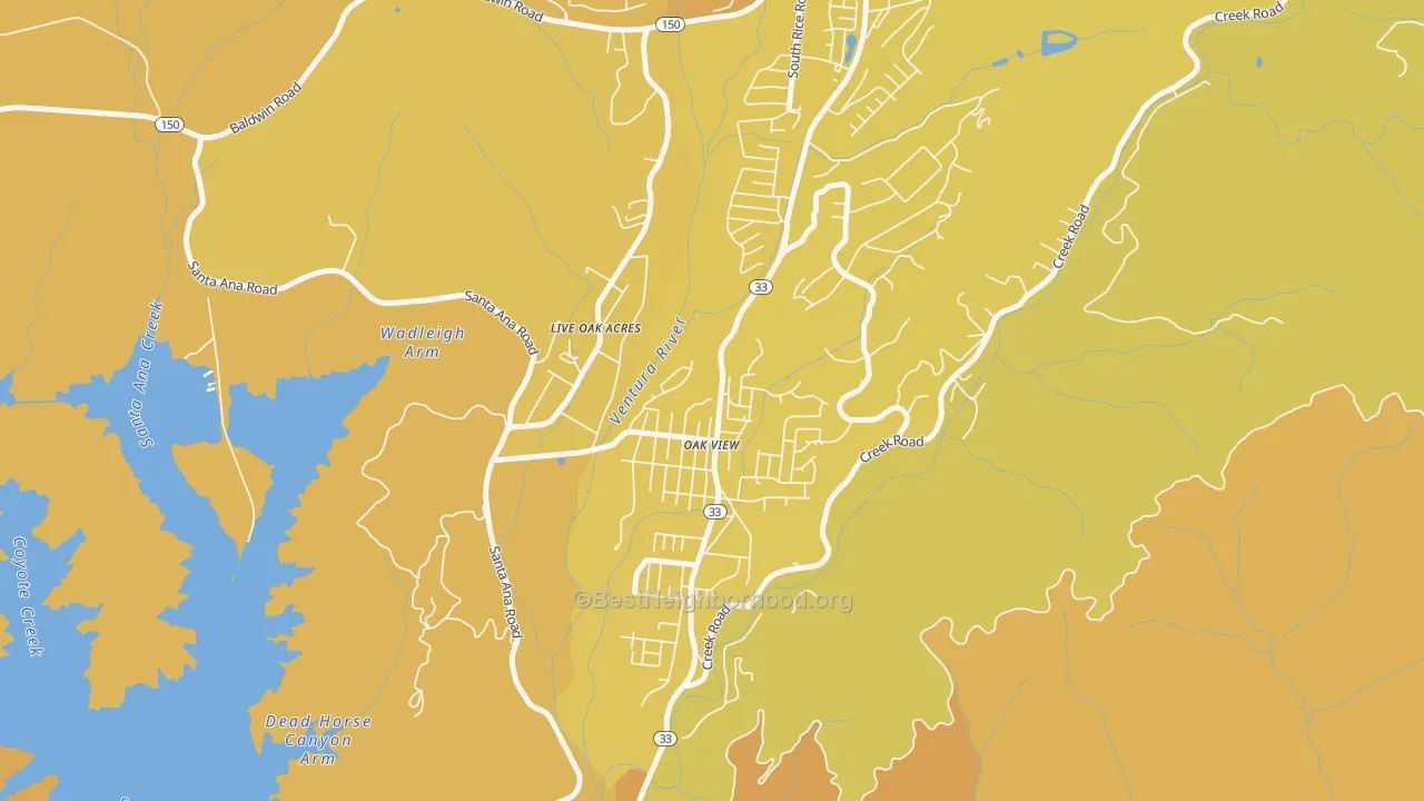 Map of the best neighborhoods in the 93022 area, with better matches in green and worse matches in red
