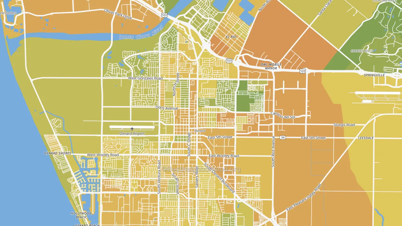Map of the best neighborhoods in the 93030 area, with better matches in green and worse matches in red