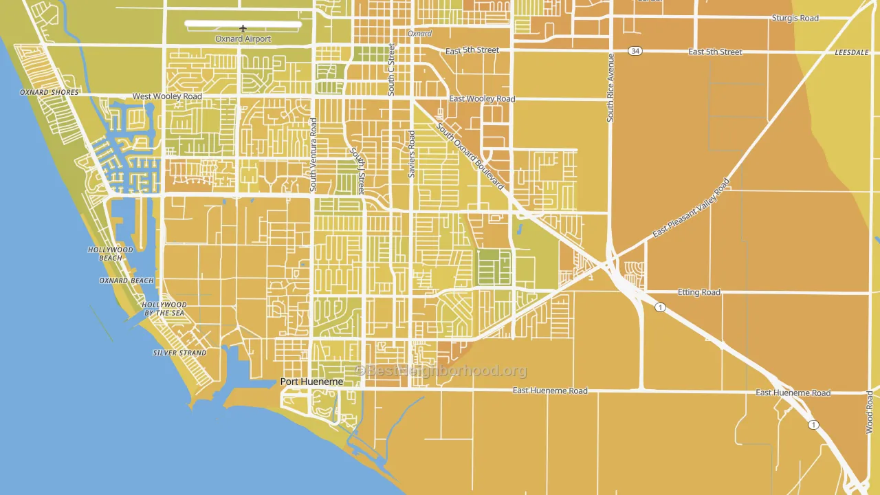 Map of the best neighborhoods in the 93033 area, with better matches in green and worse matches in red